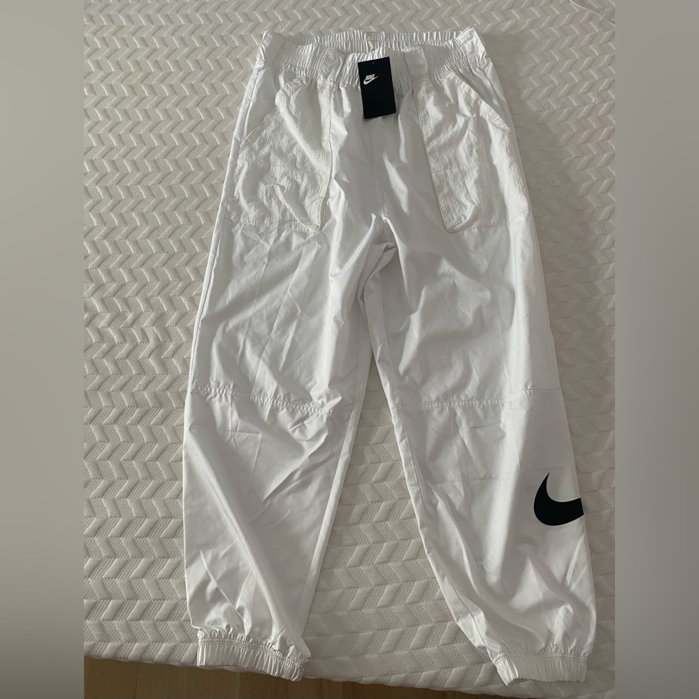 Nike White Athletic Pants with Black Swoosh